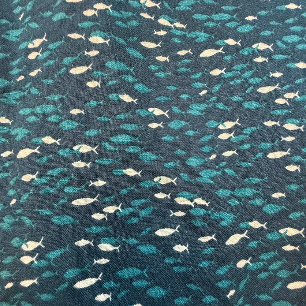 Banana Republic Mens L Slim Fit Linen Blend Fish Print Short Sleeve Shirt Blue